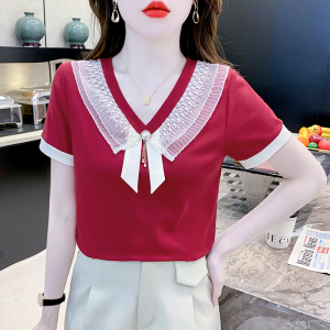 RM20693#洋气减龄蕾丝娃娃领短袖T恤休闲设计感气质减龄套头上衣女