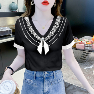 RM20693#洋气减龄蕾丝娃娃领短袖T恤休闲设计感气质减龄套头上衣女