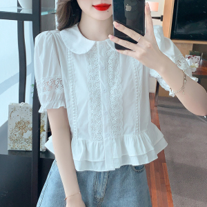 RM19464#夏季新款韩版设计感小众气质娃娃领蕾丝拼接短袖衬衫