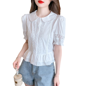 RM19464#夏季新款韩版设计感小众气质娃娃领蕾丝拼接短袖衬衫