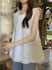 TR44311# 韩国夏季新款法式纯色圆领镂空花边无袖衬衫女上衣 服装批发女装批发服饰货源
