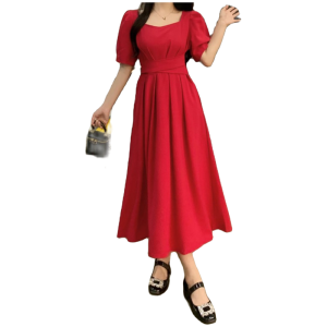 RM20770#大码收腰显瘦胖mm短袖红色连衣裙女夏新款法式气质百搭中长款裙子