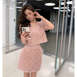 TR41949# 韩版夏季新款甜美风立体玫瑰花设计感时尚套装粉色气质两件套 服装批发女装批发服饰货源