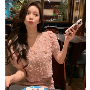 TR41949# 韩版夏季新款甜美风立体玫瑰花设计感时尚套装粉色气质两件套 服装批发女装批发服饰货源
