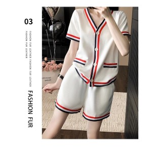 RM16590#小香风休闲运动套装女夏时尚洋气减龄撞色V领短袖高腰短裤两件套