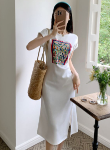 RM16674#欧洲站时尚T恤裙女夏季大牌印花重工设计感开叉连衣裙