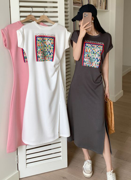 RM16674#欧洲站时尚T恤裙女夏季大牌印花重工设计感开叉连衣裙