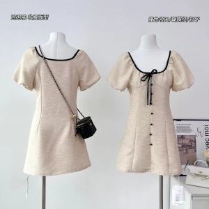 TR42520# 邱肉瑶夏季新款白色泡泡袖小香风连衣裙女v领收腰小个子裙子 服装批发女装批发服饰货源