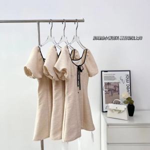 TR42520# 邱肉瑶夏季新款白色泡泡袖小香风连衣裙女v领收腰小个子裙子 服装批发女装批发服饰货源