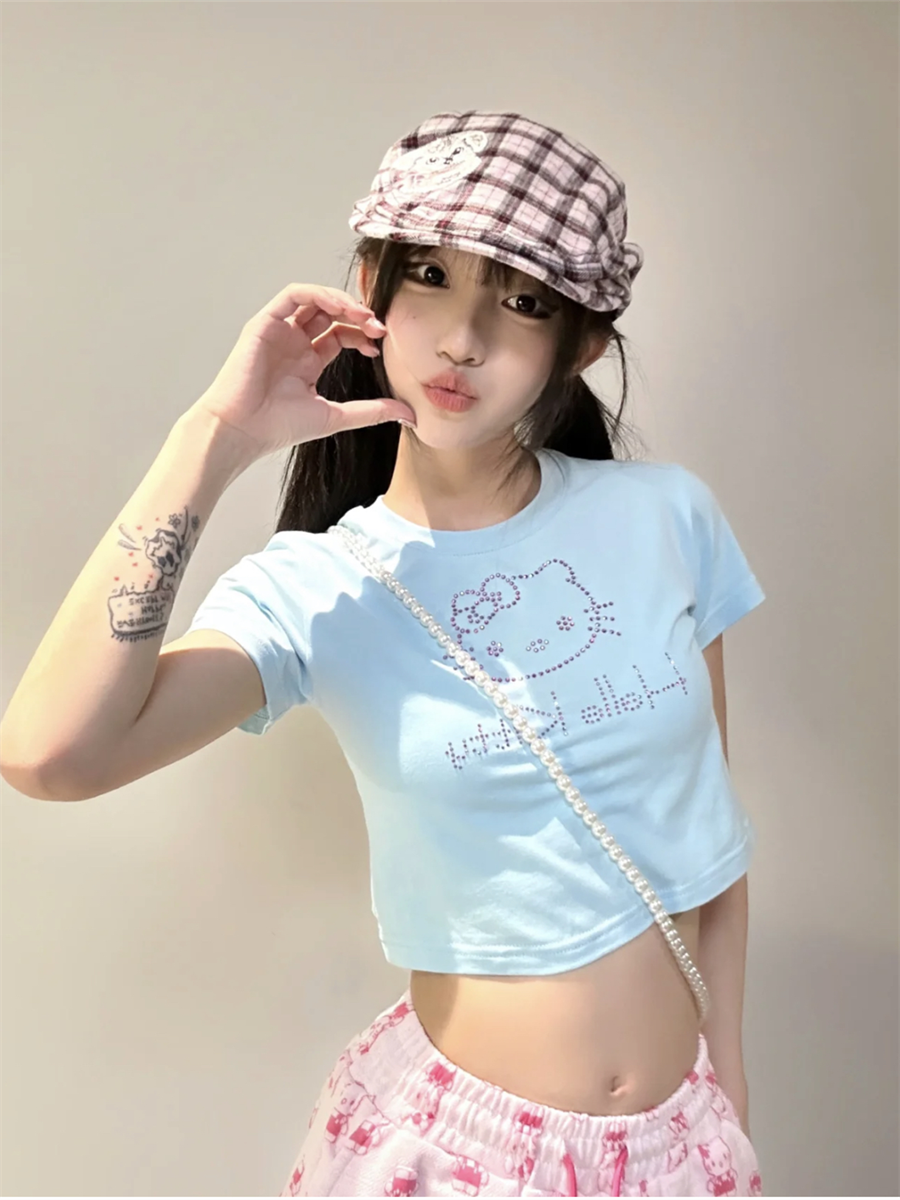 American hot girl sexy niche diamond cute short-sleeved slimming short cotton T-shirt