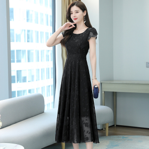 RM19371#夏季新款短袖圆领连衣裙提花收腰显瘦飘逸大摆裙女