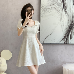 RM18851#夏季新款法式方领泡泡袖名媛风修身显瘦长短款A字连衣裙