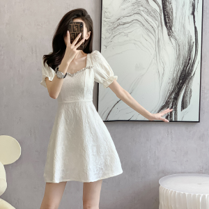 RM18851#夏季新款法式方领泡泡袖名媛风修身显瘦长短款A字连衣裙