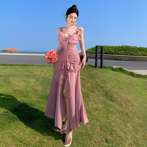 TR55386# 粉色玫瑰花吊带连衣裙女夏季收腰褶皱不规则开叉长裙气质鱼尾裙子