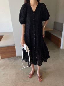 TR49607# 韩国chic宽松V领花边蕾丝连衣裙简约长款裙子 服装批发女装批发