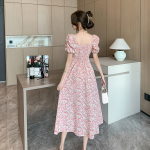 RM16290#夏季新款法式方领甜美温柔修身显瘦粉色开叉印花连衣裙