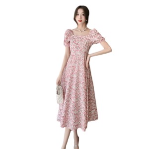 RM16290#夏季新款法式方领甜美温柔修身显瘦粉色开叉印花连衣裙