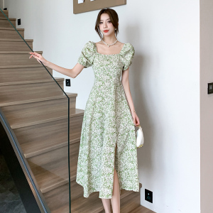 RM16290#夏季新款法式方领甜美温柔修身显瘦粉色开叉印花连衣裙