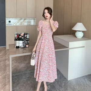 RM16290#夏季新款法式方领甜美温柔修身显瘦粉色开叉印花连衣裙