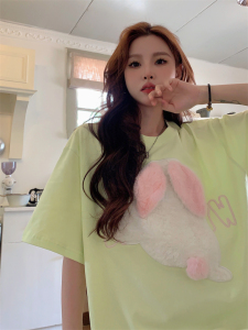 RM15896#夏季可爱兔兔情侣宽松男女艺术流行学院短袖T恤女