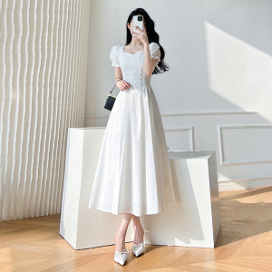 TR43907# 白色连衣裙淑女X型长裙方领套头 服装批发女装批发服饰货源
