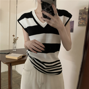 RM17712#夏季v领条纹撞色假两件设计感针织短袖女上衣