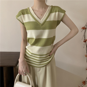 RM17712#夏季v领条纹撞色假两件设计感针织短袖女上衣