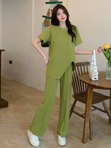 TR36016# 绿色休闲时尚运动套装女夏季网红炸街短袖阔腿裤两件套 服装批发女装服饰货源