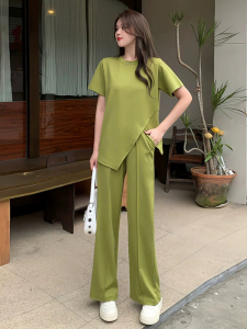TR36016# 绿色休闲时尚运动套装女夏季网红炸街短袖阔腿裤两件套 服装批发女装服饰货源