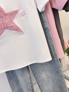 RM17184#夏季新款印花短袖T恤五角星字母修身显瘦休闲百搭短款