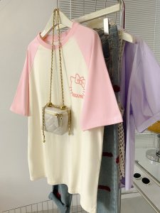 RM16161#纯棉后包领特大码印花插肩袖短袖t恤女好质量