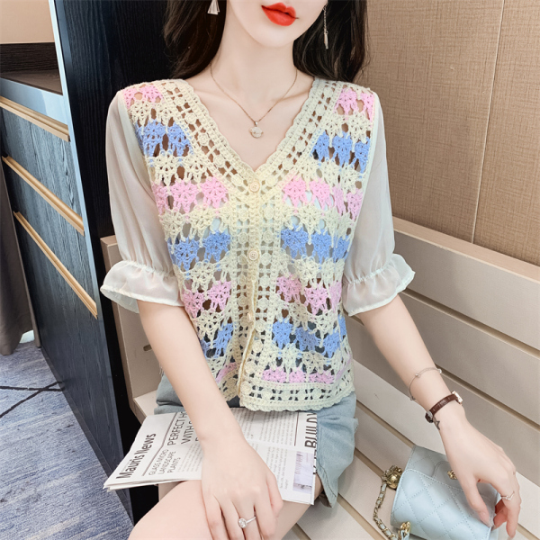 RM15858#夏季新款韩版气质V领镂空针织衫女单排扣宽松泡泡袖开衫上衣