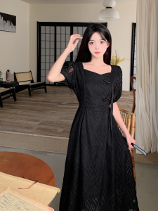 RM19397#大码胖MM法式方领裙子女夏新款新中式国风女装收腰显瘦遮肚连衣裙