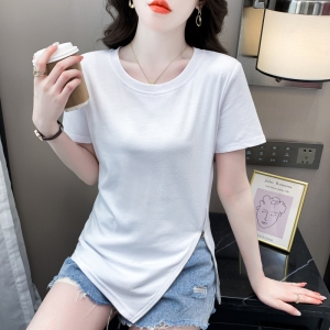 RM16941#设计感不规则边拉链开叉短袖T恤女夏装韩版独特纯棉上衣女