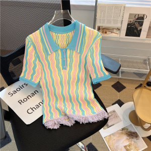 RM18571#甜美撞色条纹Polo领针织短袖女2023夏季新款法式别致流苏上衣