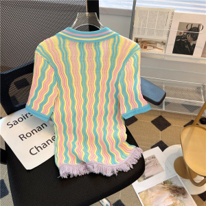 RM18571#甜美撞色条纹Polo领针织短袖女2023夏季新款法式别致流苏上衣