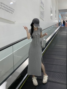 TR36882# 设计感辣妹修身针织连衣裙女开叉显瘦系带垂感裙子 服装批发女装批发服饰货源
