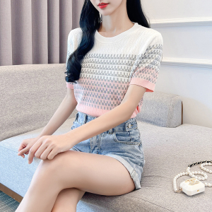 RM18420#夏季新款设计感复古圆领短袖T恤修身款冰丝针织女