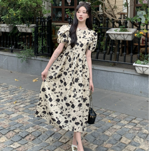 RM17557#夏装泡泡袖连衣裙赫本风法式高级感设计感小众长裙M-4XL200斤