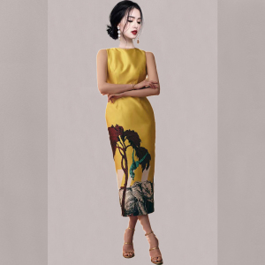 RM19835#夏季新款韩版圆领气质优雅修身中长款法式印花背心包臀连衣裙