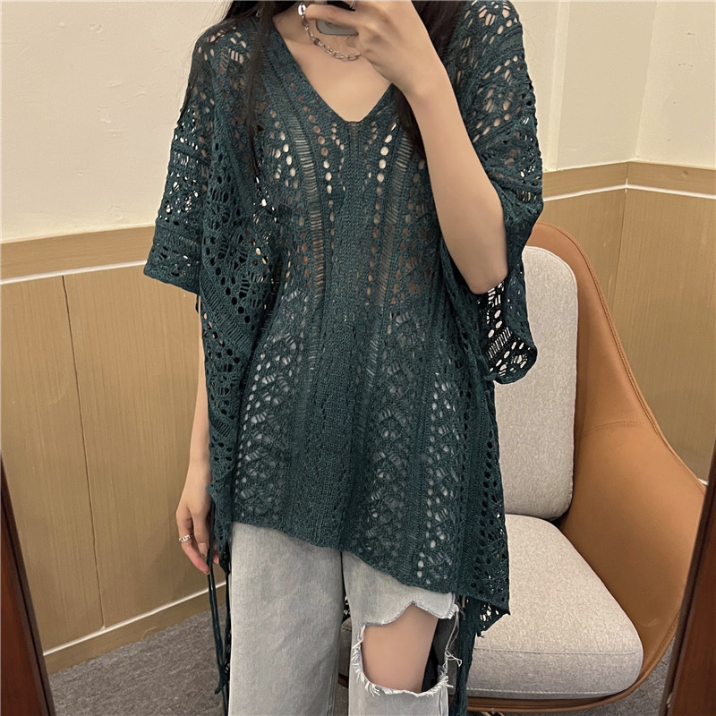 Ready stock Korean and Japanese style summer hollow lace-up tops knitted hollow loose lazy blouse sun protection shirt