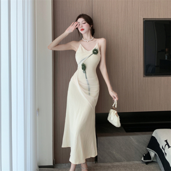 RM20486#法式复古山茶花V领连衣裙修身显瘦气质吊带长裙