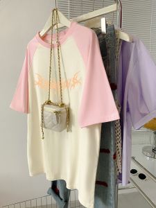 RM16163#纯棉后包领特大码印花插肩袖短袖t恤女好质量
