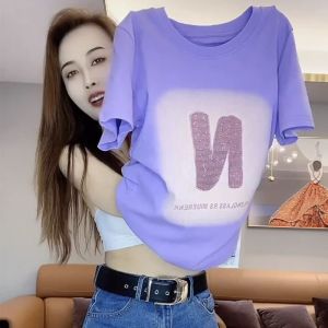 TR42477# 纯棉烫钻短袖t恤女夏季新款设计感时尚百搭圆领上衣体恤衫潮 服装批发女装批发服饰货源