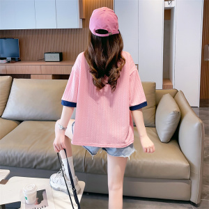 RM16165#提花后包领韩版夏季撞色印花短袖T恤女潮