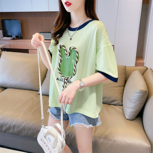 RM16165#提花后包领韩版夏季撞色印花短袖T恤女潮