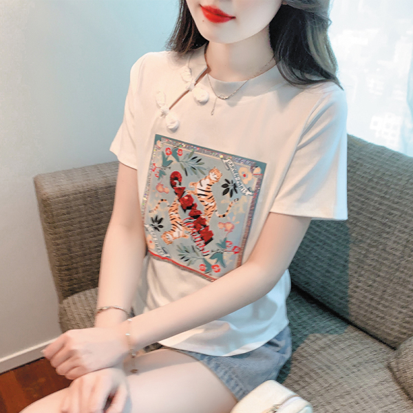 RM18519#国风中式短袖T恤2023夏季新款休闲时尚潮牌盘扣印花上衣女