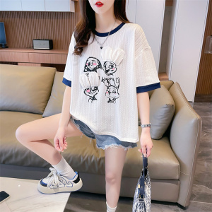 RM16169#提花后包领韩版夏季撞色印花短袖T恤女潮