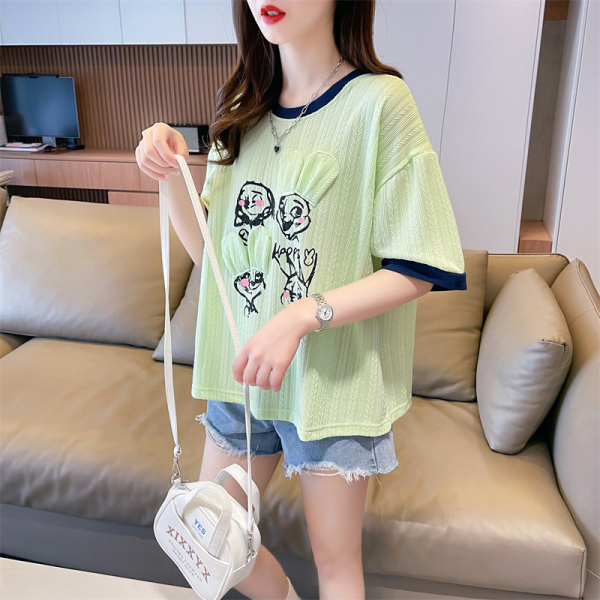 RM16169#提花后包领韩版夏季撞色印花短袖T恤女潮