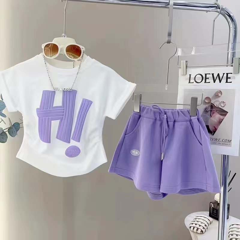 Girls' suit 2023 new summer casual printed suit short-sleeved shorts fashion children's clothing children's two-piece suit trendy
